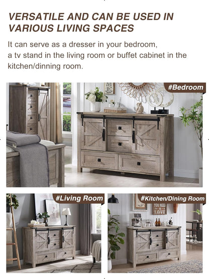T4TREAM 48'' Farmhouse Dresser for Bedroom w/4 Drawers & Sliding Barn Doors, Tall Chest of Drawers, Rustic Dresser TV Stand w/Shelf, Organizer for Bedroom, Living Room, Foyer,Light Rustic Oak