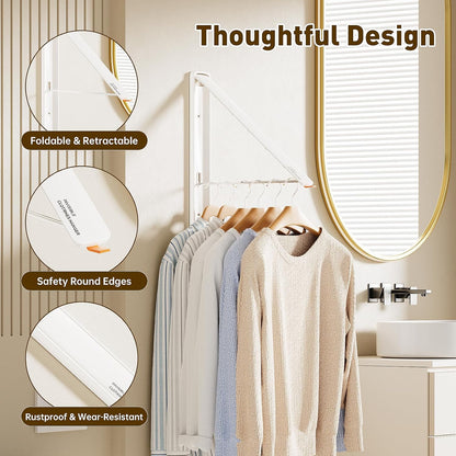 Clothes Drying Rack, Laundry Room Wall Mounted Retractable Clothes Hanger Drying Rack, Laundry Clothing Drying Rack Folding Indoor or Outdoor, Easy Installation Aluminium Dryer, 2pcs(White)