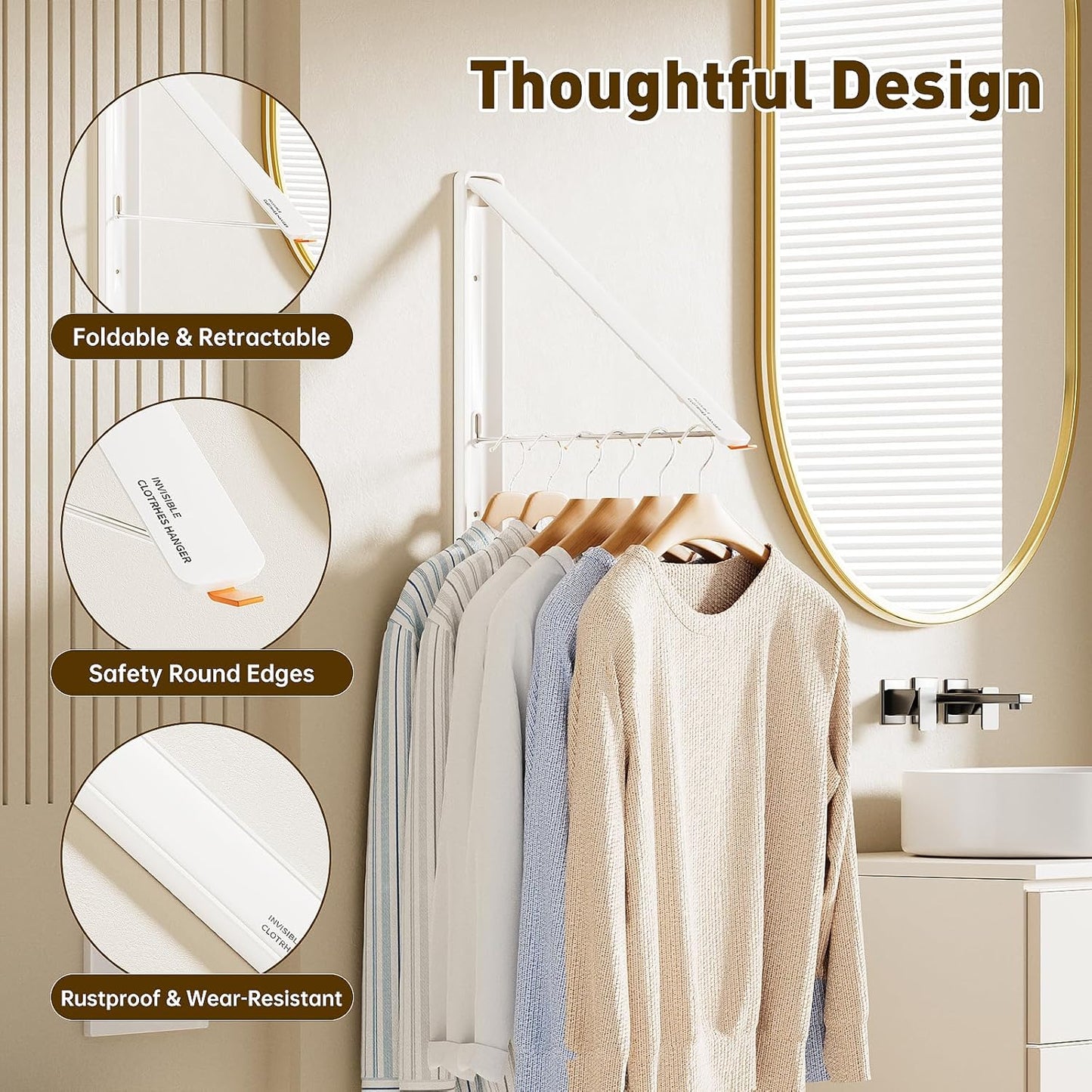 Clothes Drying Rack, Laundry Room Wall Mounted Retractable Clothes Hanger Drying Rack, Laundry Clothing Drying Rack Folding Indoor or Outdoor, Easy Installation Aluminium Dryer, 1pcs(White)