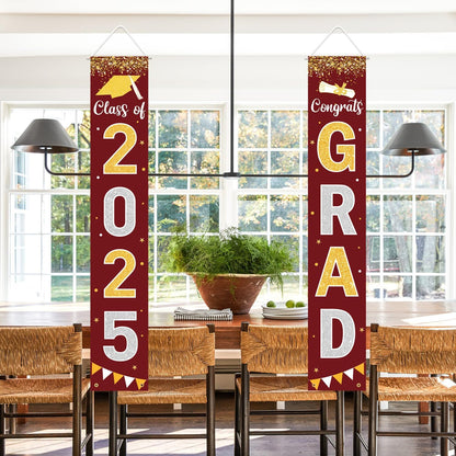 Graduation Decorations 2025 GRAD Banner Maroon Porch Door Sign Welcome Banner For Indoor Outdoor Wall Graduation Decorations Class of 2025
