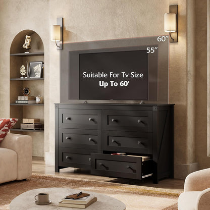 WLIVE Farmhouse Black Dresser for Bedroom, 53.07'' Wide 6 Drawer Wood Dresser, Chest of Drawers with Double Rustic Handle, TV Stand for 60 inch TV, Modern Clothes Organizer for Living Room, Hallway