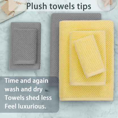 VOOVA & MOVAS Towels for Bathroom, Bath Towels with Hanging Loop - 100% Cotton | Soft | Quick Dry | Thick, Towel Set of 6, 2 Large Bath 30"x56", 2 Hand 18"x28", 2 Washcloths 13"x13", Grey and Yellow