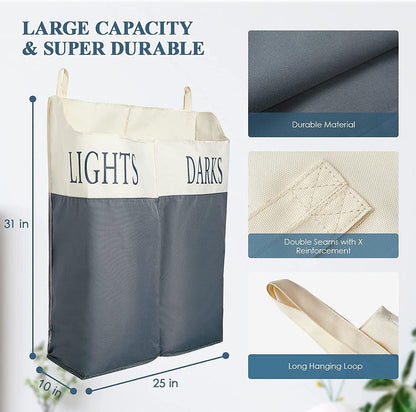 The Fine Living Co. X-Large Two Compartments Hanging Laundry Hamper with Over Door Hooks, Durable Space Saving Laundry Bag Storage with Bottom Zipper, Wide Open Top Dark/Light Compartment(25"x10"x31")