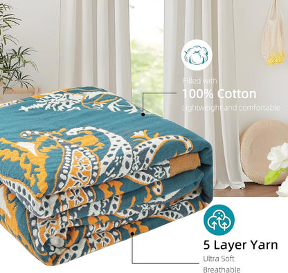 Boho Throw Blanket for Bed - 100% Pure Cotton Ultra Soft Rustic Quilt - Farmhouse Decor Bed Blankets, All Season Rustic Throw for Sofa Couch Chair(91''x 98'', Boho Floral)