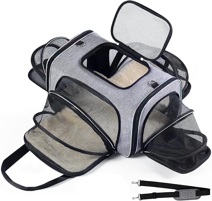 Airline Approved Cat Carrier Under Seat, 4-Way Expandable & Collapsible Soft-Sided Pet Carrier with Removable Fleece Pad - TSA Compliant for Cats, 18x11x11.5in Car & Plane Travel, Vet Visits