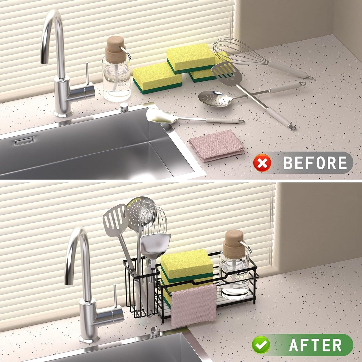 Sponge Holder for Kitchen Sink,Sink Caddy Organizer With Stone Drying Tray, Stainless Steel Kitchen Countertop Organizer for Sponge Soap Dispenser Black