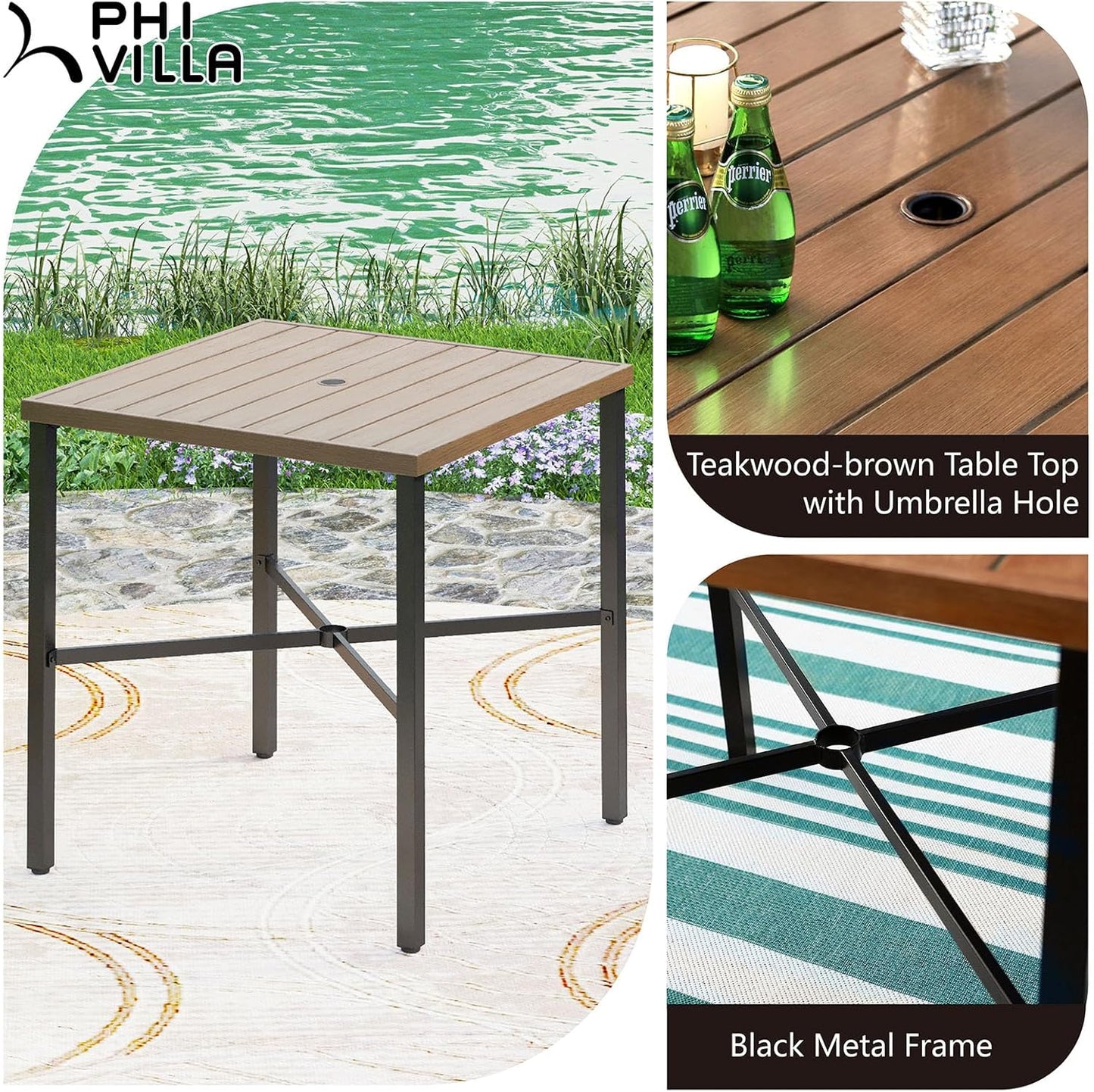 PHI VILLA 36"X36" Outdoor Metal Counter Height Table with 1.57" Umbrella Hole, Square Table with Teakwood-Brown Table Top and Black Table Legs for Outdoor and Indoor