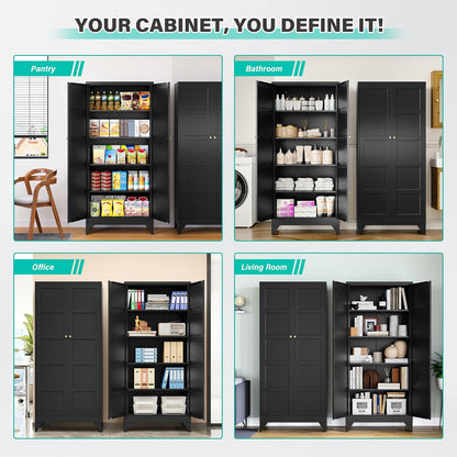 Metal Storage Cabinets with 2 Doors and 5 Shelves,Tall Storage Cabinet,Large Cupboard Closet,Pantry Storage Cabinet for Home,Office,Bathroom,Dining/Living Room (Black, 72" H)