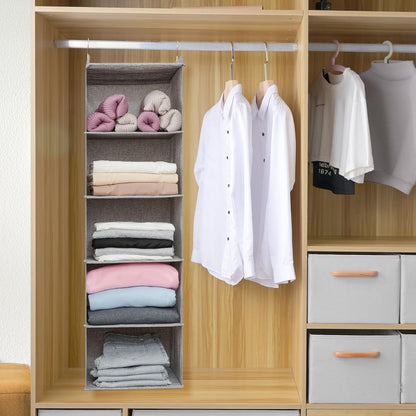 Large Hanging Sweater Organizer for Closet,Collapsible 6-Shelf Hanging Closet Shelves with Drawers, Washable (Grey-5 Shelf)