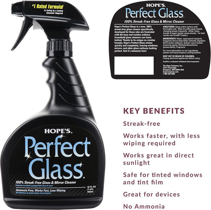 HOPE'S Perfect Glass Cleaner Spray, Streak-Free, Ammonia-Free Window, Mirror, Screen, Tinted Glass, and Shower Door Cleaner, Indoor and Outdoor Glass Surfaces, 32 Fl Oz, Pack of 6