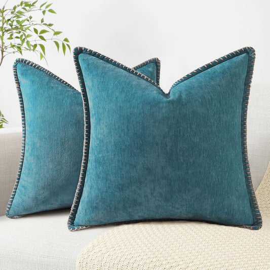decorUhome Chenille Soft Throw Pillow Covers 16x16 Set of 2, Farmhouse Velvet Neutral Decorative Euro Pillow Covers with Stitched Edge for Couch Sofa Bed Home Decor, Teal