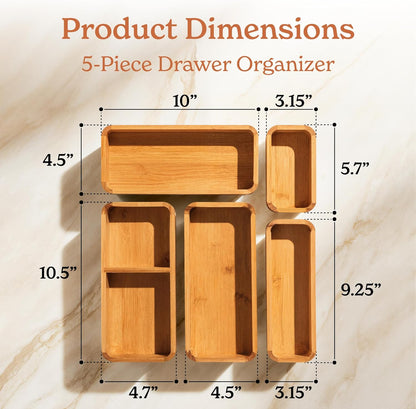 SMIRLY 5-Piece Bamboo Kitchen Drawer Organizer Set for Large and Small Utensils, Multi-use Storage Box - Bathroom, Nightstand, Jewelry, Cutlery, Knife, Spice, Towel, Junk Drawer Tray