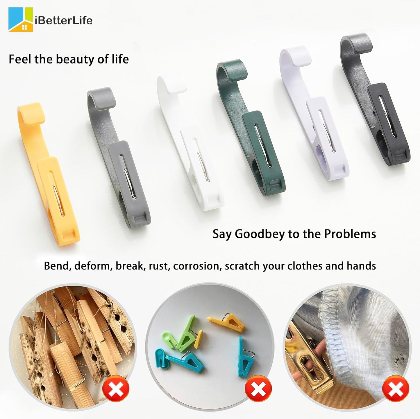 iBetterLife Laundry Hooks Hanging Clips - 8Pcs Heavy Duty Outdoor Clothes Pins, Closet Organizer Single Clip Hangers Clamps Socks Boot Bras Underwear Kids Towels for Bathroom Wardrobe Kitchen Office
