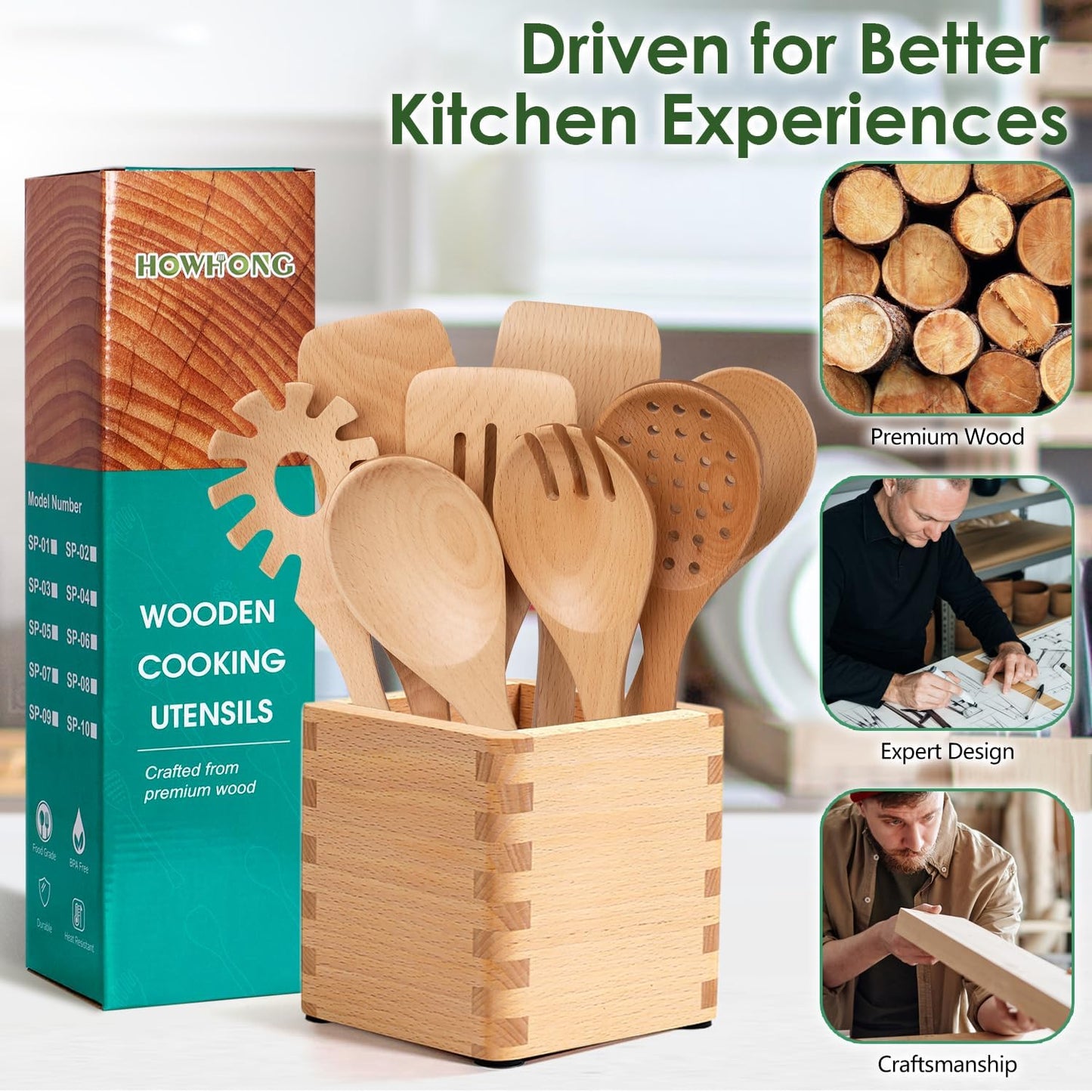 Wooden Spoons for Cooking, 8 Pcs Beech Wood Wooden Kitchen Cooking Spoon Utensil Tools Set Includes Spatula Skimmer Pasta Scoop Non-Stick Cookware Safe by HOWHONG