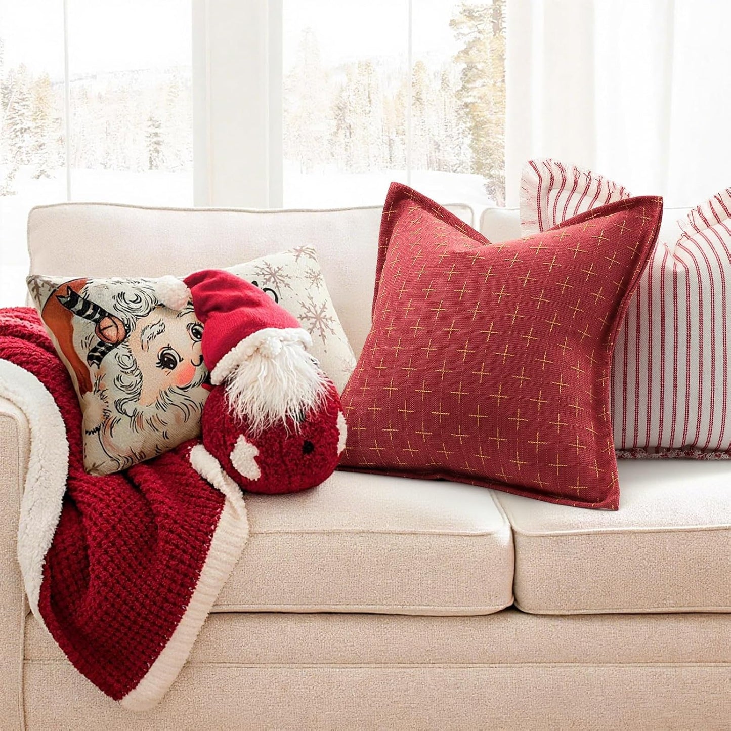 ZWJD Christmas Pillow Covers 18x18 Set of 2 Soft Polyester Textured Pillows with Stylish Flange Edge Cozy Farmhouse Christmas Decor for Couch Bed Sofa Living Room (Red)