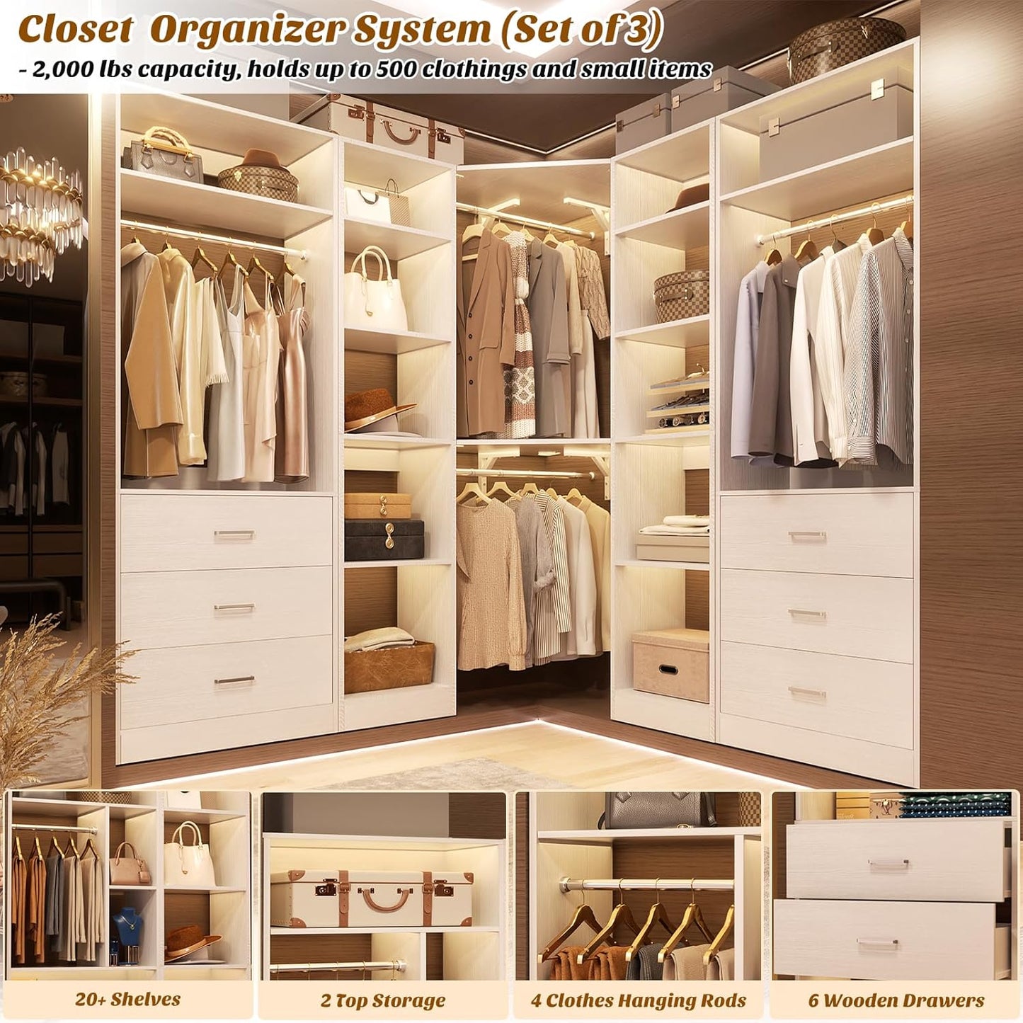 Corner Closet System with 6 Drawers, Closet Organizer System with 14 Shelves & 4 Hanging Rods, 87.2"L * 39.2"W / 63.2"L * 63.2"W Reversible L Shaped Walk-in Closets, Load 2500+LBS, White