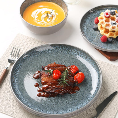 CQN&ZXD Ceramic Plates and Bowls Sets, 12 Pieces, Hand-Crafted Dishes set for 4 with Flowing Reactive-Glaze, Microwave & Dishwasher Safe Dinnerware Sets, Modern Style, Elegant Grey & Wave Blue