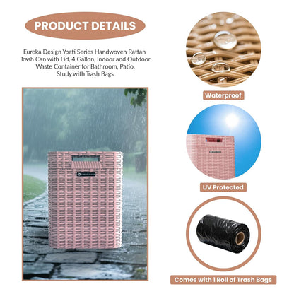 Ypati Handwoven 4 Gallon Rattan Trash Can with Lid, Boho Style Decorative Indoor and Outdoor Trash Bin with Shelf, Waste Basket for Bathroom, Patio, Study, with Trash Bags, Macaron Pink, Eureka