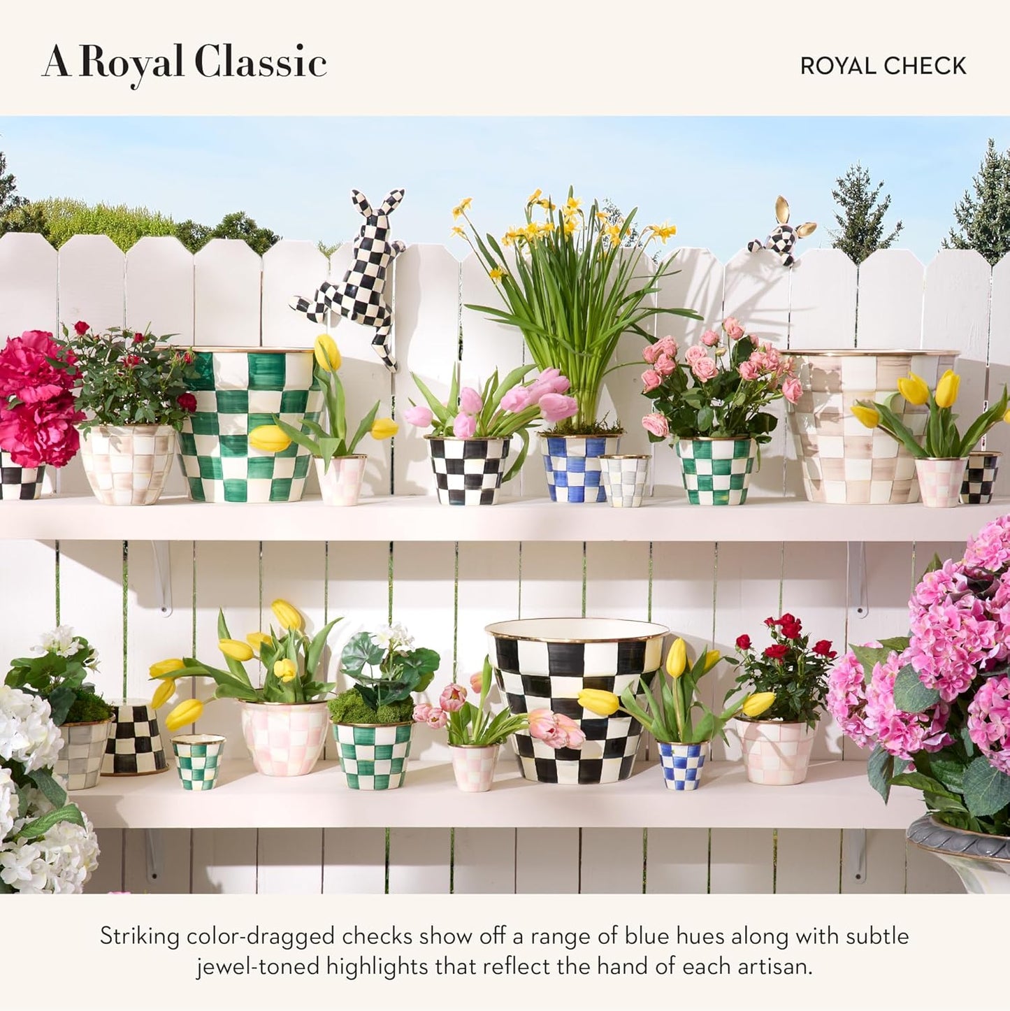 MACKENZIE-CHILDS Enamel Herb Pots, Small Plant Pots for Herbs or Flowers, Set of 3, Blue-and-White Royal Check