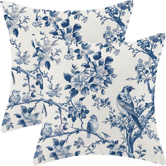 Navy Blue Spring Floral Pillow Covers 18 x 18 Inch Set of 2 for Vintage Chinoiserie Flowers Bird Decor Throw Pillows Plant Farmhouse Outdoor Decorative Cushion Cases for Couch Bed Decorations