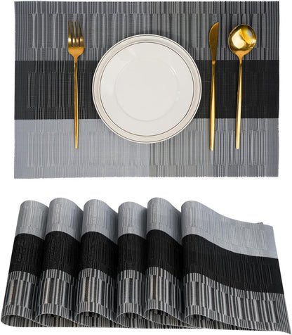 Placemats Set of 6，Non-Slip PVC Weave Table Mats Easy to Clean，Heat Resistant Place Mats for Kitchen Dining Table Decoration Indoor Outdoor，Black Gray
