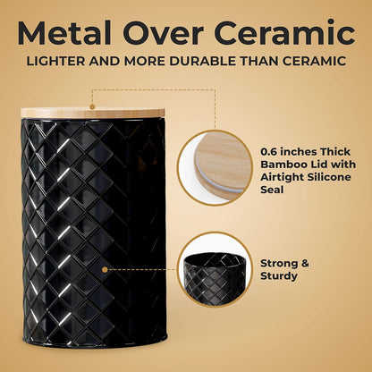 Pebble & Stem® Black Metal Canister Set for the Kitchen Counter, Food Canister Set of 4, Airtight Lids, Sugar and Flour Containers for Countertops, Coffee and Tea Storage, Farmhouse Decor