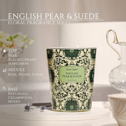 HomeLights Soy Wax Candles for Home Scented, 3-Wick Candles in English Pear & Suede Scented, Bohemian Natural Textures Aromatherapy Candles Gift for Parties, Relaxing, 34oz