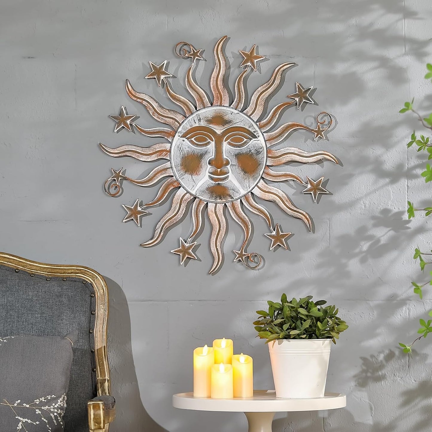 TICKCACY Metal Sun Wall Art Sculpture Decor, 23.8” Vintage Sun and Star Wall Hanging Decoration for Indoor Outdoor Living Room Farmhouse Yard Garden Patio