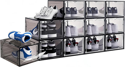 Upgraded Shoe Storage Organizer 6 Pack Clear Plastic Stackable Shoe Box with Magnetic Door Sneaker Hats Display Case Fit Up to US Size 13