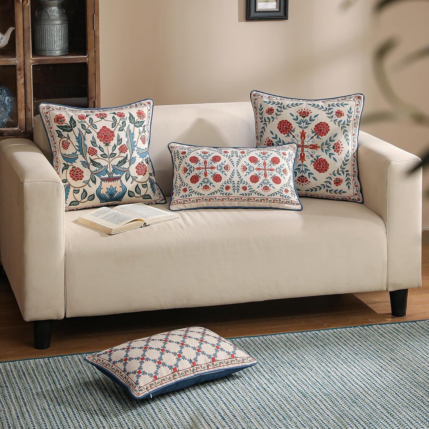 patdrea Designer Throw Pillow Covers Set of 4,Brilliant Vintage Red Tropical Linen with Floral Pattern Pillow Cover,Decorative Lumbar and Square Pillowcases Cushion for Bed Living Room Outdoor