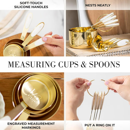 Styled Settings White and Gold Kitchen Utensils Set - 15-Piece BPA free, Non-Scratch, Utensils Set Includes White Silicone Cooking Utensils and Measuring Cups and Spoons