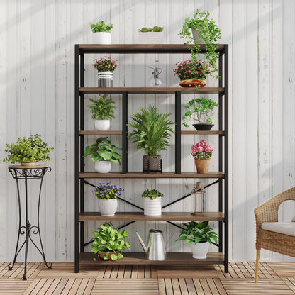 LVB Tall Industrial Etagere Bookcase, Modern Wood Large Open 6 Tier Bookshelf, Vintage Wide Metal Book Shelf Organizer, Farmhouse Book Shelves for Bedroom Living Room Home Office Storage, Rustic Oak