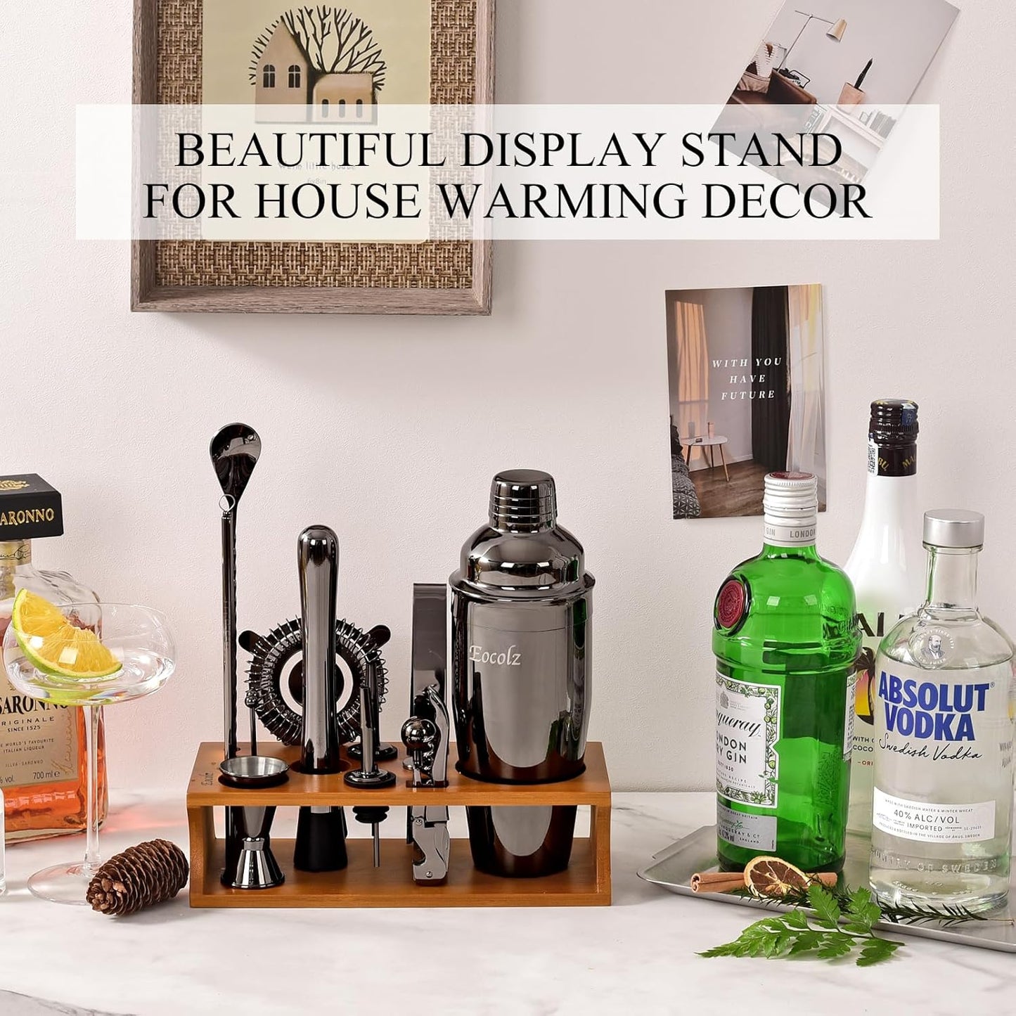 Bartender Kit Cocktail Shaker Set with Stand Bar Tool Bar Set for Drink Mixing Home Bartending Kit 17-Piece Bar Cart Accessories: Martini Shaker, Mixer Spoon, Jigger, Muddler, Strainer & Recipes Gifts