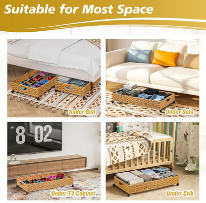 Under Bed Storage Containers with Wheels, 2 Pack 31.5in / 35L Handmade Rattan Underbed Organizer Drawer, Tool-free Assembly Rolling Under Bed Storage Bins for Shoes Clothes Toy Book