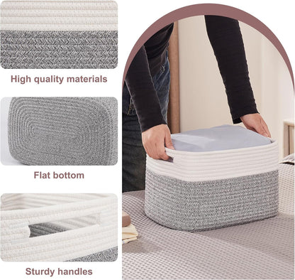 OIAHOMY 4 Pack Storage Baskets for Organizing, Basket for Shelves with Handle, Woven Baskets for Storage Toys, Towels, Books, Cotton Rope Basket 13" L x 9 " W x 7.8 " H, Grey & White