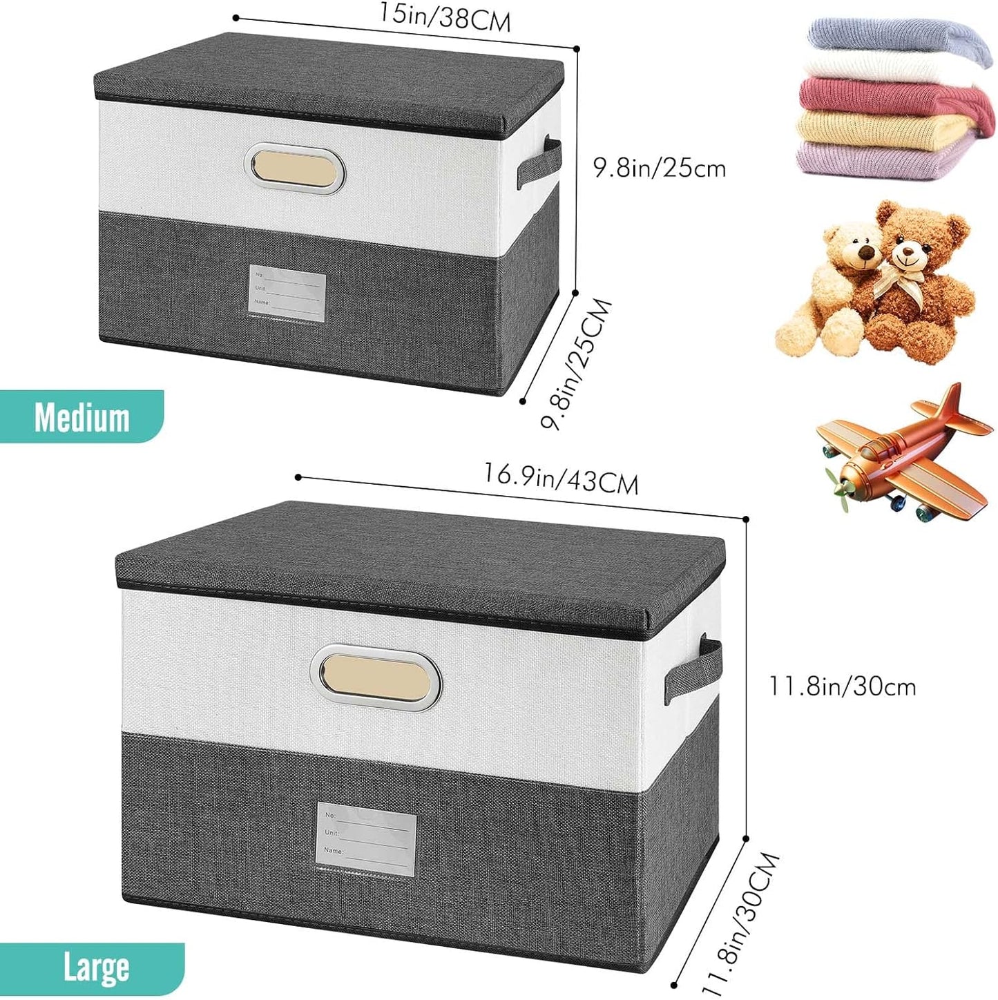 Large Linen Fabric Foldable Storage Bins with Removable Lid and Handles, Washable Storage Box Organizer Containers Baskets Cube with Cover for Bedroom,Office (Coffee&Cream, Large(2-Pack))