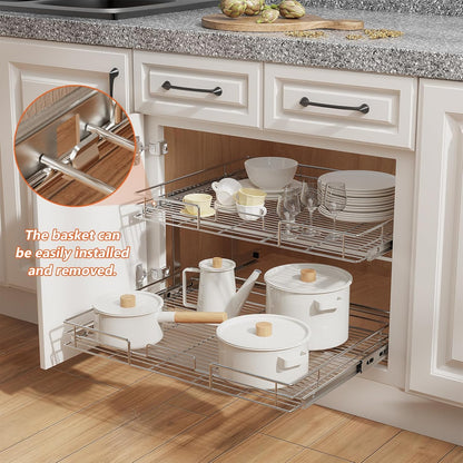 ROOMTEC Individual Pull Out Cabinet Organizer (30" W x 21½" D), 2 Tier Spice Rack Organizer for Cabinet, Slide Out Drawer Pantry Shelf Organization and Storage for Kitchen Bathroom