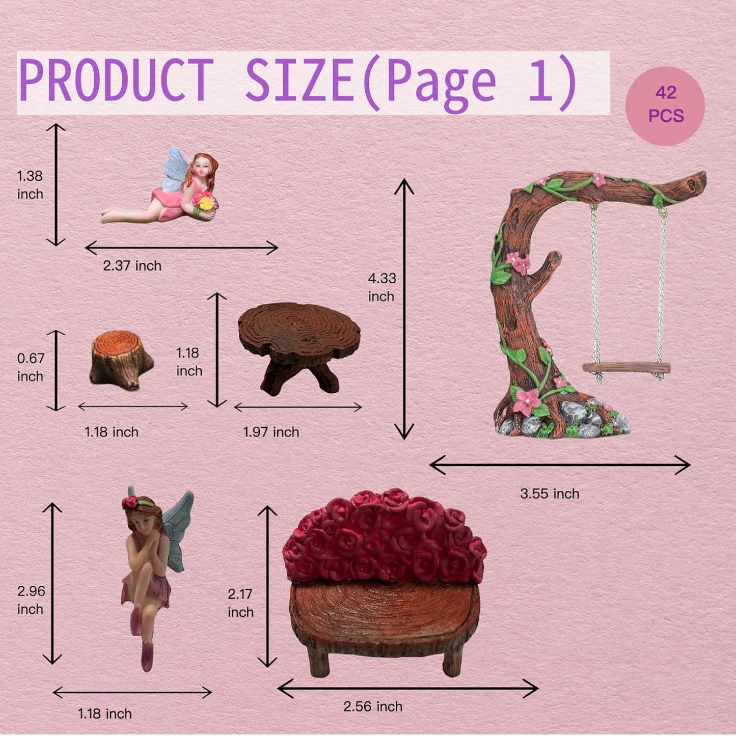 Swing Set of 42 Pcs Miniature Fairy Garden Accessories Outdoor Decor Figurines Kit for Kids, Mini Whimsical Ornaments and Decorations for Patio, House, Garden, Desk, Yard Supplies
