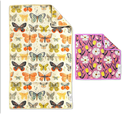 Microfiber Hand Towel & Washcloth Set of 2 - Double-Sided, Waffle Weave, Super Absorbent, Lint-Free, Fast Drying - Wings & Flower Farm Pattern for Bathroom, Kitchen, Car, and Window Cleaning