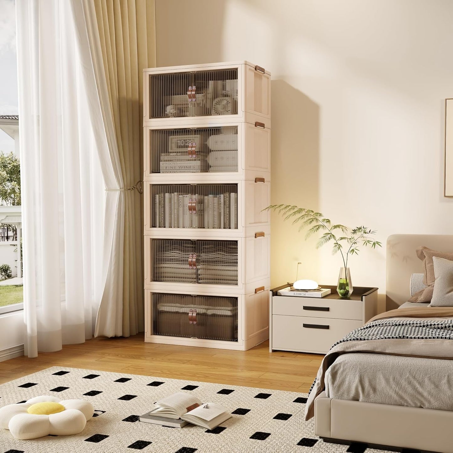 SAILUN 136Gal/543Qt Stackable Storage Bins Folding Collapsible Storage Bins with Lid, Closet Organizers and Storage Box with Door Beige 26" W x 17" D x 71" H