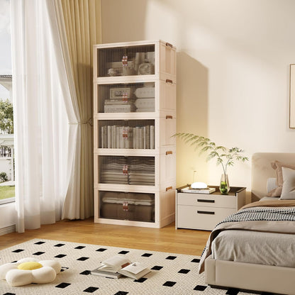 SAILUN 136Gal/543Qt Stackable Storage Bins Folding Collapsible Storage Bins with Lid, Closet Organizers and Storage Box with Door Beige 26" W x 17" D x 71" H