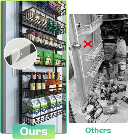 Over The Door Pantry Organizer, Wall Mount Spice Rack, Pantry Hanging Storage and Organization, 8 Adjustable Baskets Heavy-Duty Metal for Home & Kitchen, Back of Door Seasoning Rack - Black