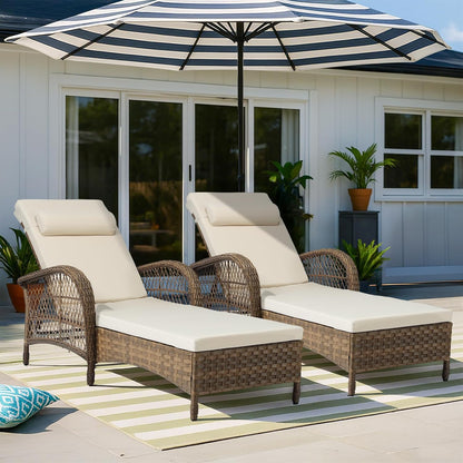 VIVIJASON Outdoor Wicker Chaise Lounge Chair Set of 2, All-Weather PE Rattan Cushioned Patio Lounger Chairs, 6-Position Adjustable Outside Pool Sunbathing Recliner with Armrest & Pillow, Beige