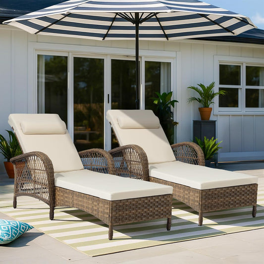VIVIJASON Outdoor Wicker Chaise Lounge Chair Set of 2, All-Weather PE Rattan Cushioned Patio Lounger Chairs, 6-Position Adjustable Outside Pool Sunbathing Recliner with Armrest & Pillow, Beige
