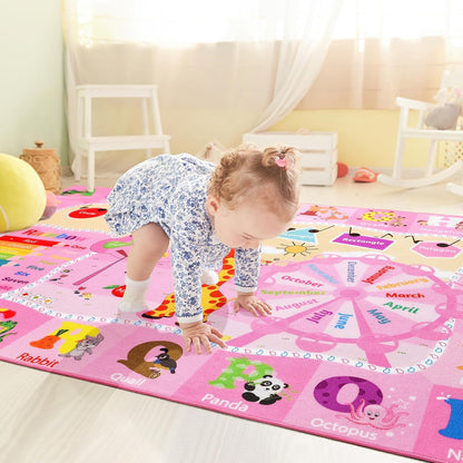 Kids Rugs for Playroom Bedroom Classroom Nursery, Non-Slip and Washable Rugs for Children Toddlers Girls, Educational and Fun Rug Carpets with ABC Alphabet Animals Shapes, 4x6, Pink
