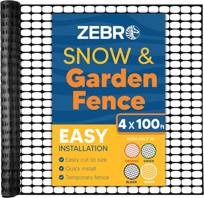 ZEBRO 4' x 100' Black Plastic Garden Fence Roll – Light Duty Mesh Fencing for Temporary Fence, Snow, Garden Netting, Animal Barrier, Agricultural Fencing & Lawn Protection