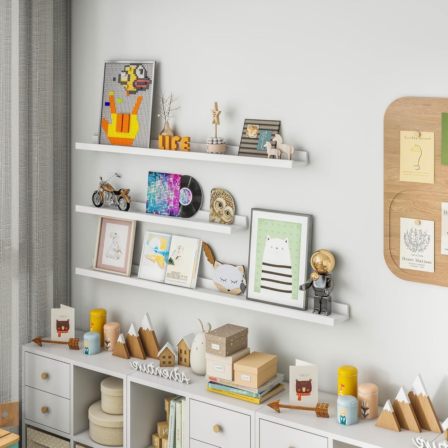 Solid Ash Wood Picture Ledge Shelf, Floating Shelves Set of 2, 56 Inch Long Large Ledge Shelves, Nursery Book Shelves Wall Mounted for Living Room Bedroom Kitchen Decor Kids Bookshelf, White