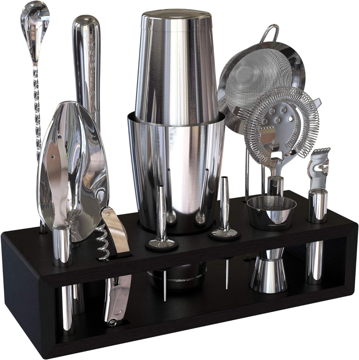 Highball & Chaser 13-Piece Boston Cocktail Shaker Set Stainless Steel Mixology Bartender Kit With Stand For Home Bar Cocktail Set | Laser Engraved Cocktail Tools | Plus E-Book with 30 Cocktail Recipes