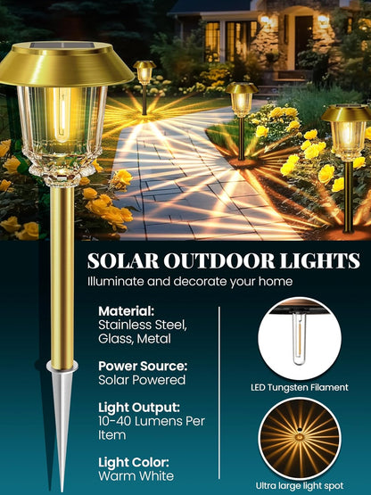 Solar Lights Outdoor Waterproof,4 Pack Gold Pathway Lights with 10-40 LM Dimmable Glass and Metal, Solar Powered Garden Decor for Yard,Patio,Pathway,Driveway Fall Decoration(Warm White)