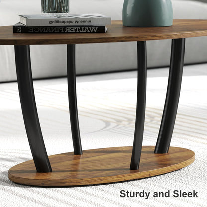 Manora Small Oval Coffee Table with Storage, Farmhouse Industrial Center Table for Living Room, Vintage Tea Table for Small Spaces, Rustic Brown